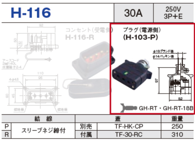 平型安全コネクタ H-116 プラグ（電源側）H-116-P