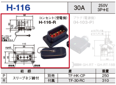 平型安全コネクタ H-116 コンセント（受電側）H-116-R
