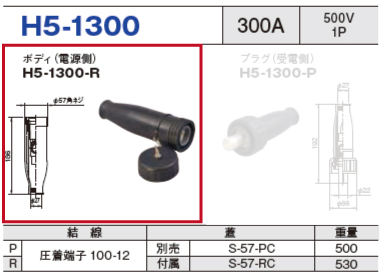 単極型コネクタ H5-1300 ボディ（電源側）H5-1300-R