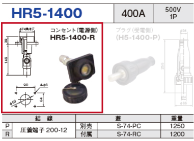 単極型コネクタ HR5-1400 コンセント（電源側）HR5-1400-R
