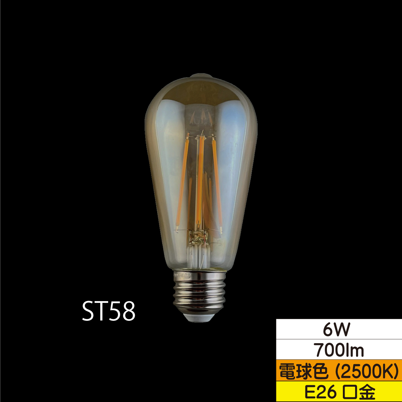 LEDエジソン形フィラメント電球 ST58 60W形相当 6W アンバー 口金E26 2500K 700lm 調光器対応 TZST58E26A-6-100/25